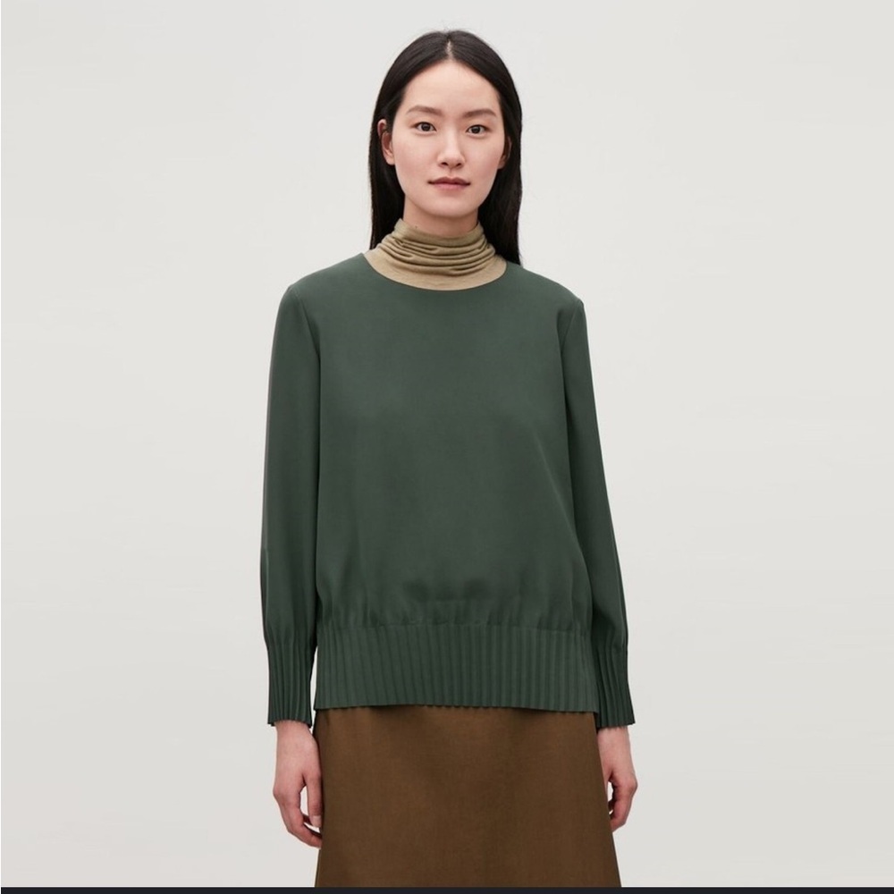 COS Forest Green Long Sleeve Blouse with Olive Neck